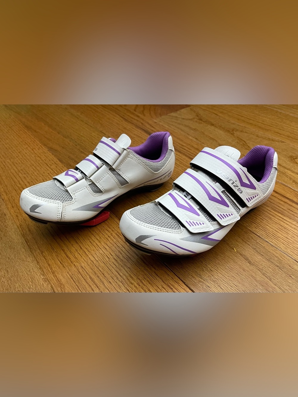 Women’s White and Purple Athletic Cycling Shoes with Hook-and-Loop Straps